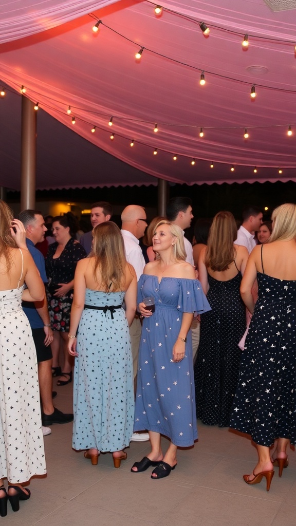 Guests at a baby shower wearing star-patterned dresses, celebrating under string lights.
