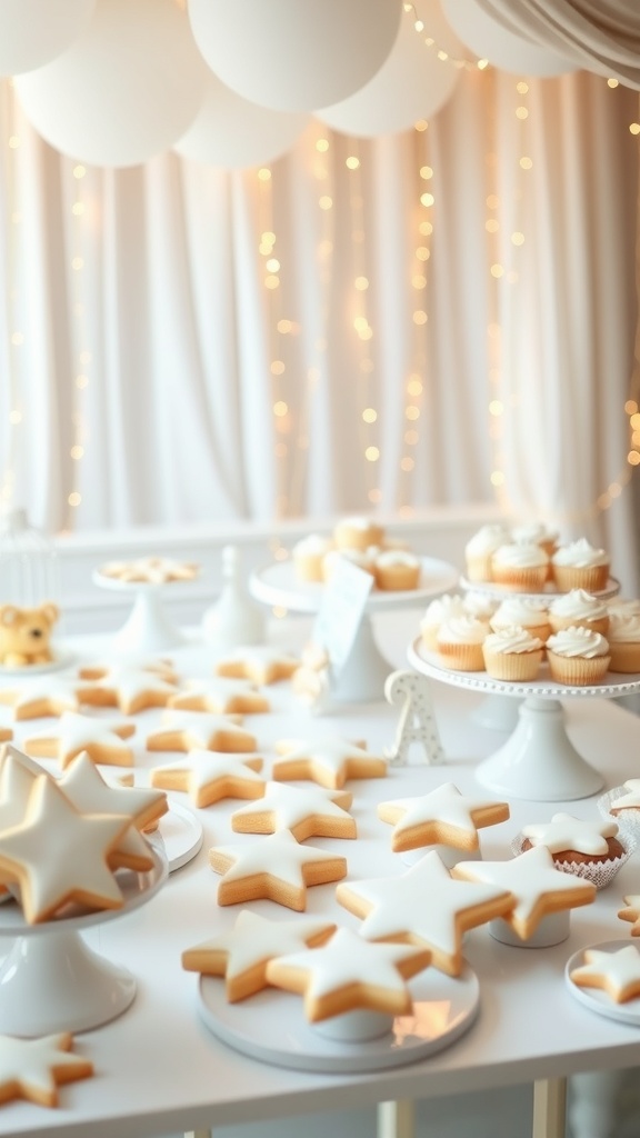 A beautifully arranged dessert table featuring star-shaped cookies and cupcakes, with soft lighting and a cozy atmosphere.