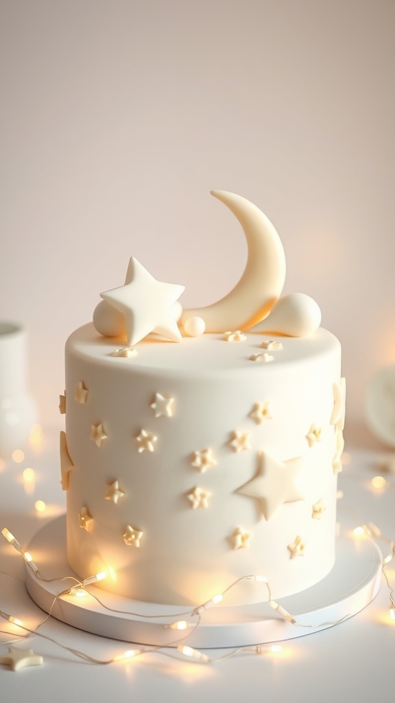 A star-themed cake decorated with fondant stars and a crescent moon, surrounded by fairy lights.
