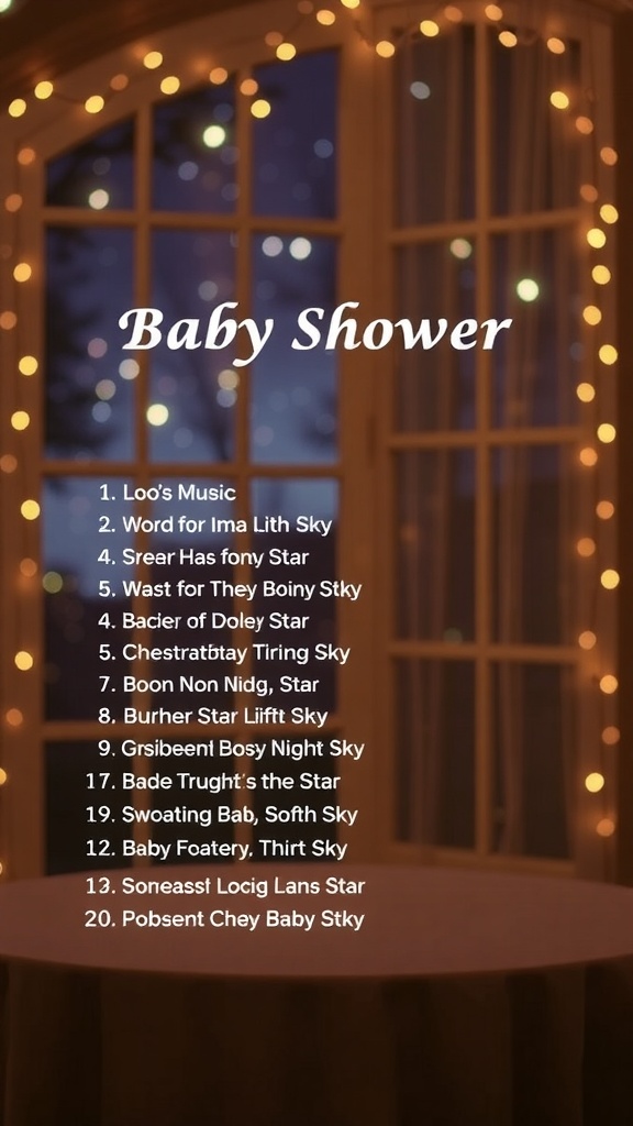 A cozy baby shower setting with twinkling lights and a music playlist for a starry theme.