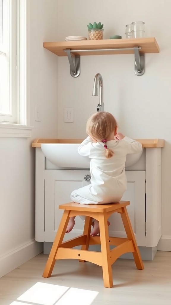 A toddler sitting on an orange step stool at a bathroom sink, reaching for the faucet.