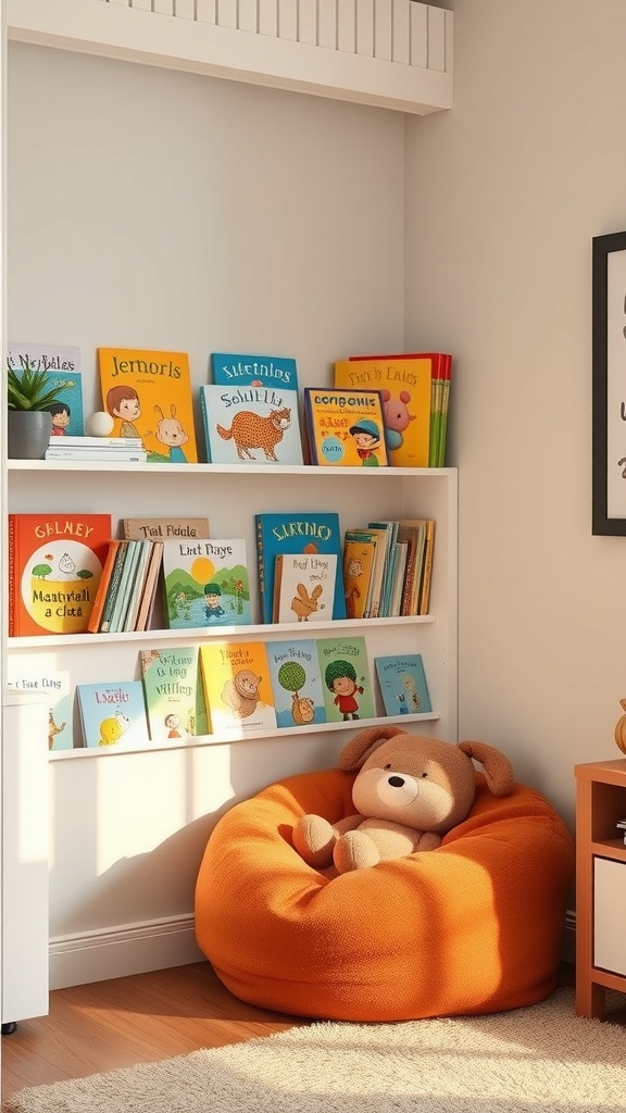 A cozy storybook corner with a bean bag and colorful children's books on a shelf.