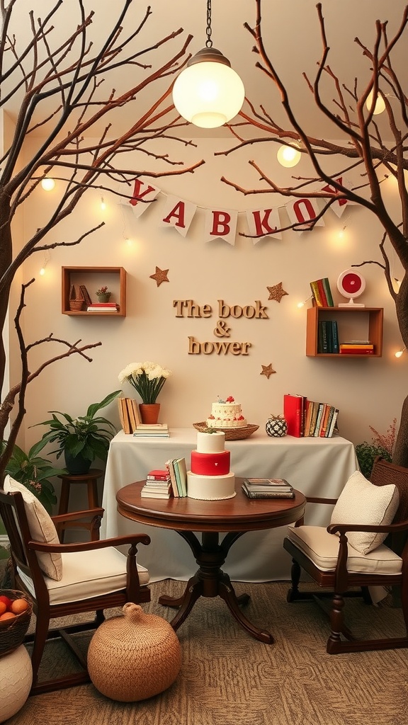 A cozy baby shower setup with storybook theme, featuring branches, books, and a cake.