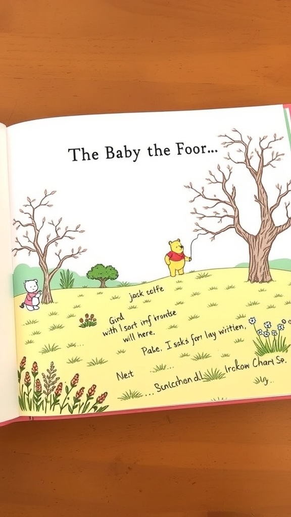 An open storybook featuring Winnie the Pooh and friends, with handwritten notes on the pages.