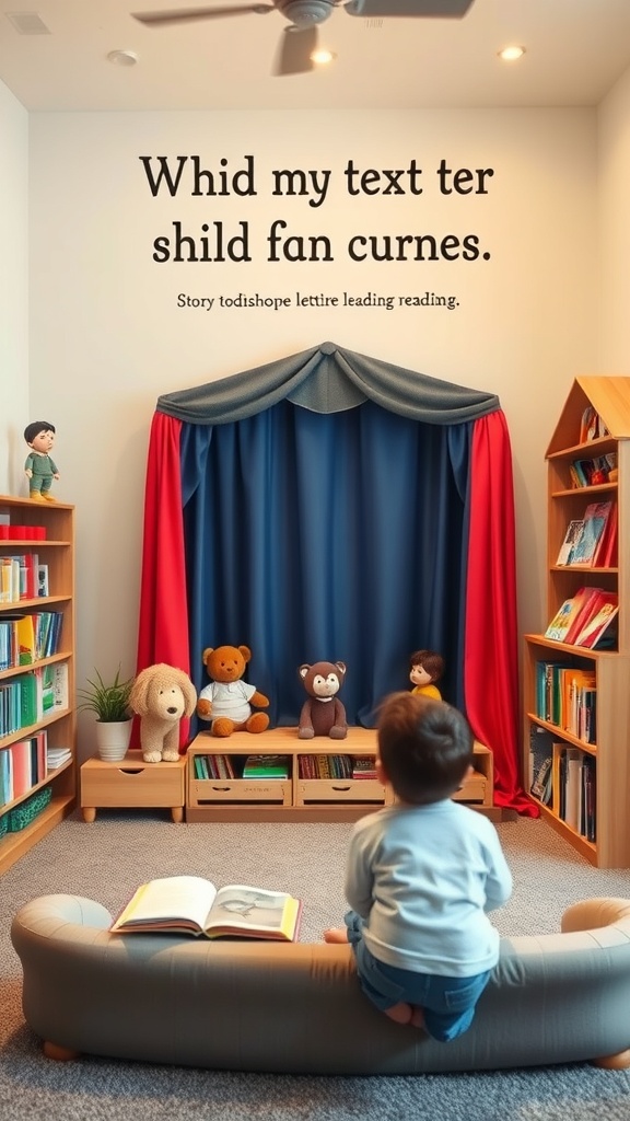 A cozy toddler reading nook featuring a puppet stage with blue and red curtains, plush toys, and a small couch.