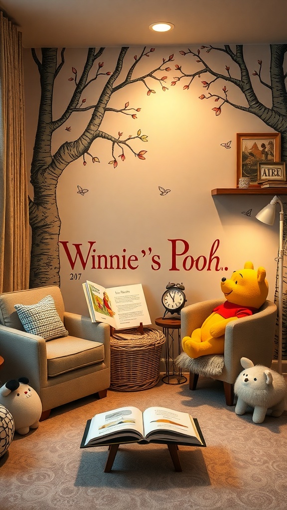 Cozy reading nook inspired by Winnie the Pooh, featuring plush chairs, a bear, and an open storybook.