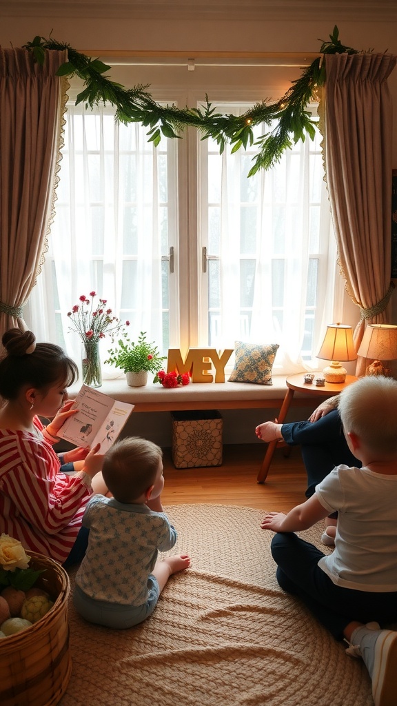 A cozy indoor scene with children and an adult reading a book together, decorated with autumn-themed elements.