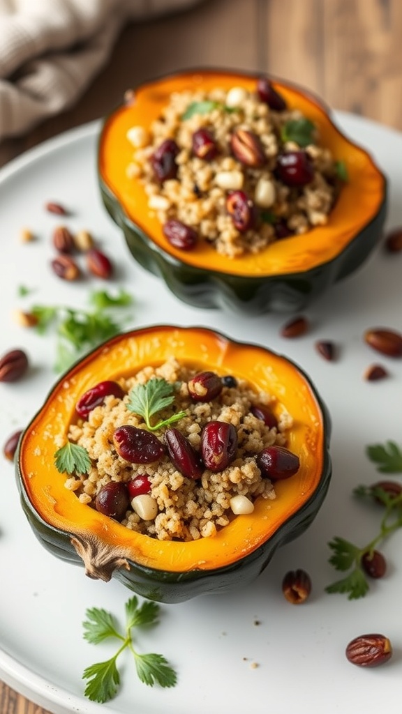 Stuffed acorn squash filled with quinoa, cranberries, and nuts on a plate