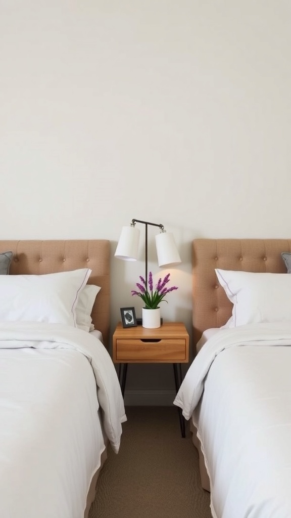 Stylish shared nightstand with lamps between two beds in a toddler's room