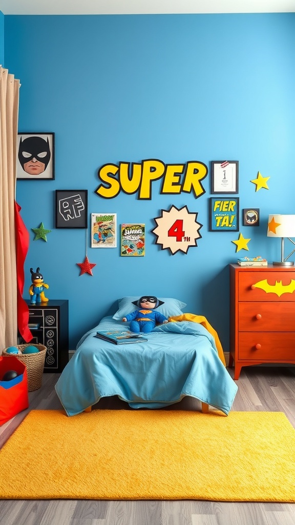 A toddler's superhero-themed bedroom featuring a blue wall, superhero decor, a cozy bed, and colorful storage.