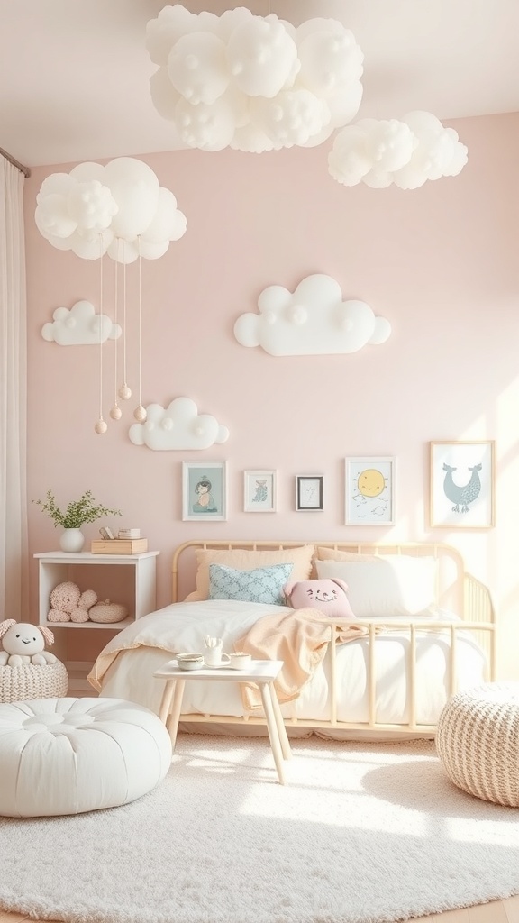 A toddler room featuring cloud motifs with fluffy clouds on the ceiling and walls, a cozy bed, and a soft rug.