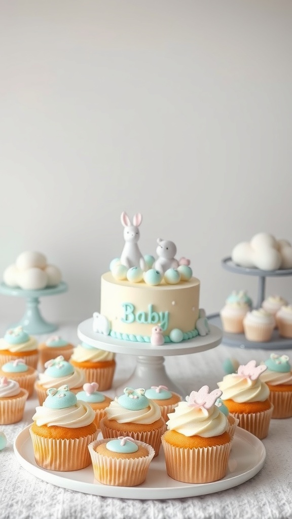 A dessert table with a baby shower theme featuring cupcakes and a cake decorated with pastel colors and cute animal figures.