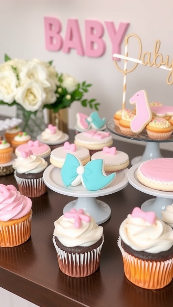 A sweet treats table featuring colorful cupcakes and decorated cookies for a baby shower brunch.