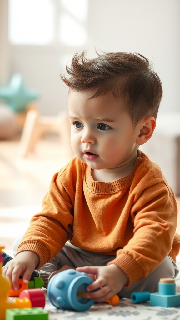 A toddler boy with a textured crop haircut, playing with colorful toys.