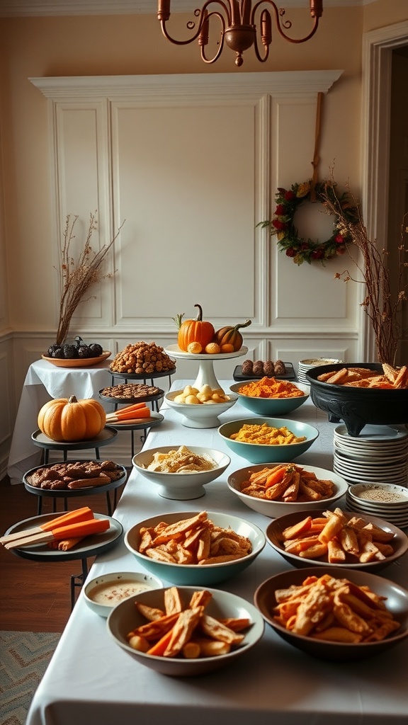 A beautifully arranged Thanksgiving-style buffet featuring various fall dishes and decorations.