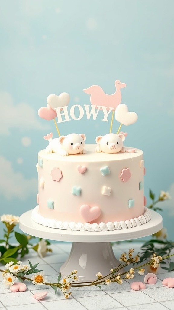A pastel-themed baby shower cake with bear decorations and a duck on top, surrounded by flowers and heart-shaped candies.