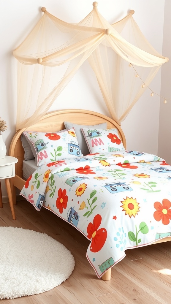 A toddler bed with colorful themed bedding featuring flowers and robots, complemented by a canopy.