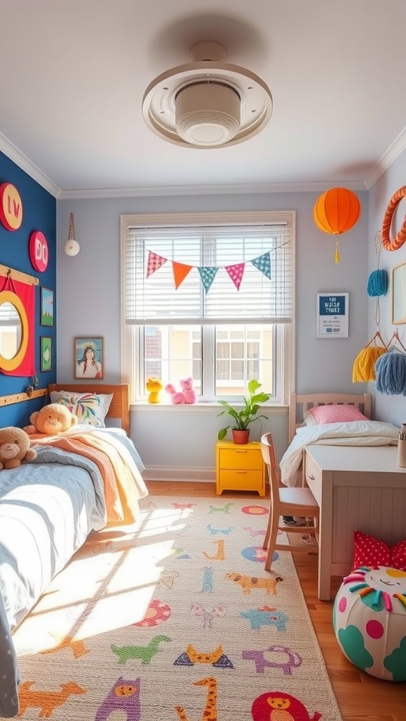 A colorful shared room for babies and toddlers with themed decor, featuring playful elements like stuffed animals, a vibrant rug, and cheerful wall art.