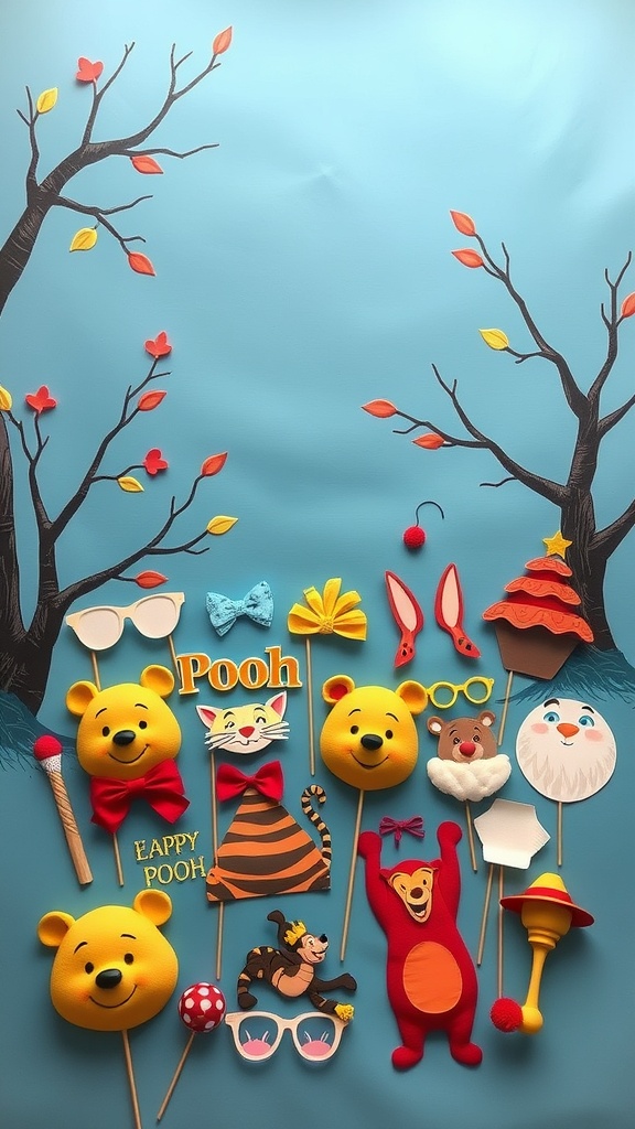 Colorful Winnie the Pooh themed photo booth props on a blue background