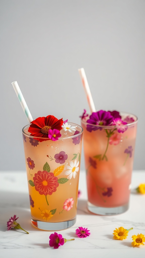 Two colorful drinks in decorated glasses with edible flowers on a table.