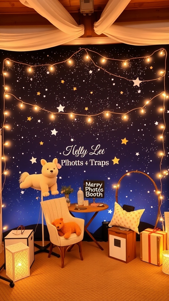 A cozy photo booth setup with twinkle lights, a starry backdrop, and plush toys for a baby shower.