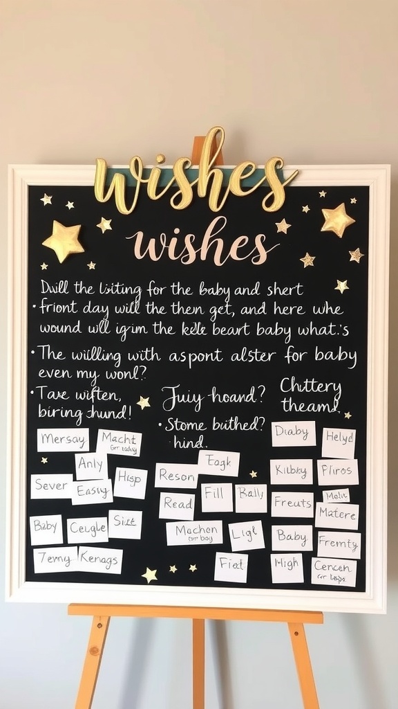 A wishes board for a baby shower with a dark background, golden stars, and handwritten notes from guests.