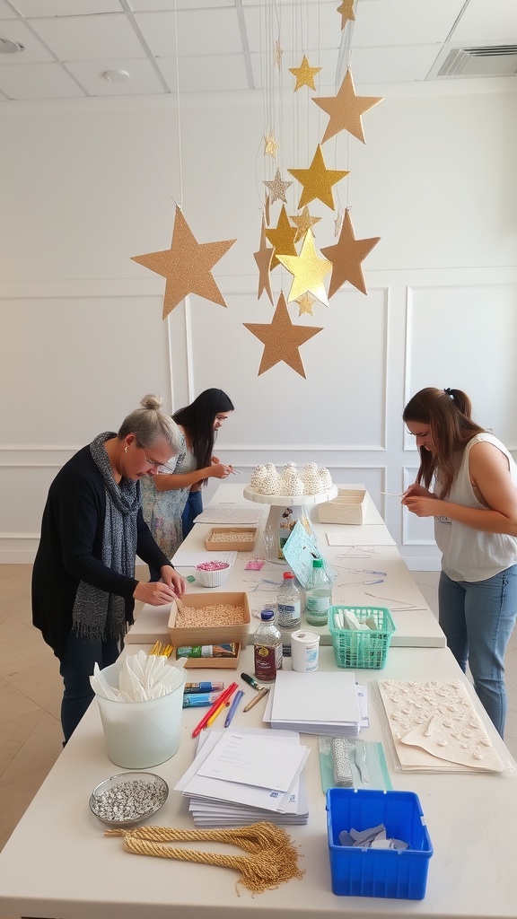 A crafting station for a baby shower with guests making star-themed crafts.