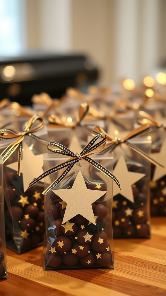Clear favor bags filled with chocolate candies, decorated with gold ribbons and star-shaped tags.