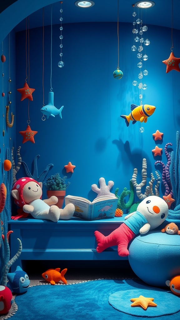 A cozy toddler reading nook with an under-the-sea theme, featuring plush toys, blue walls, and a colorful book.
