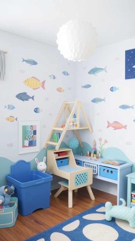 A colorful toddler room with under-the-sea theme featuring fish wall decals, blue furniture, and playful decor.
