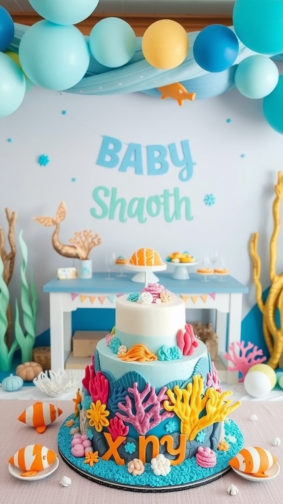 A colorful under the sea themed baby shower setup with a coral reef cake and ocean decorations.
