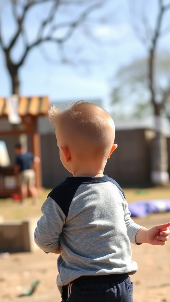 A toddler boy with an undercut hairstyle, playing outdoors on a sunny day.