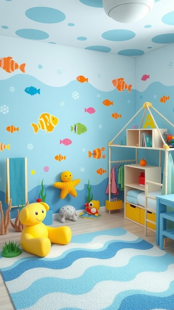 A toddler's bedroom with an underwater theme, featuring colorful fish wall decals, a blue rug, and playful furniture.