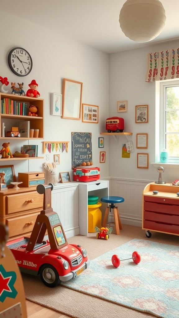 A vintage toy room featuring a red ride-on car, colorful artwork, and playful decor.