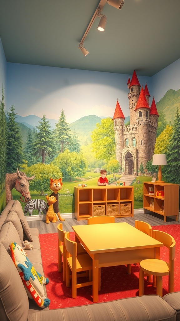 A colorful wall mural of a castle in a forest, with a cozy seating area for kids.