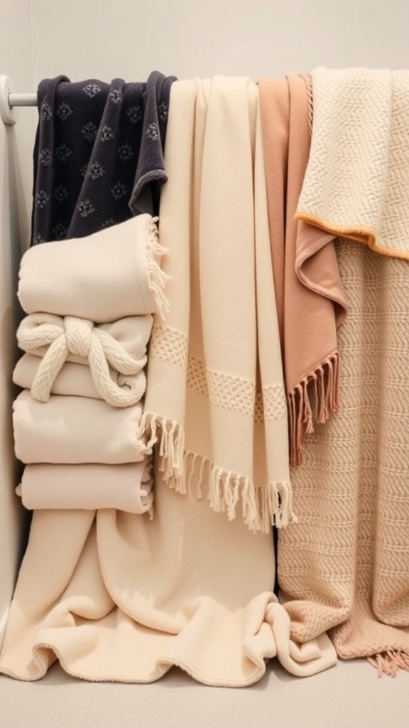 A collection of warm and cozy blankets in soft colors, perfect for a winter baby shower.
