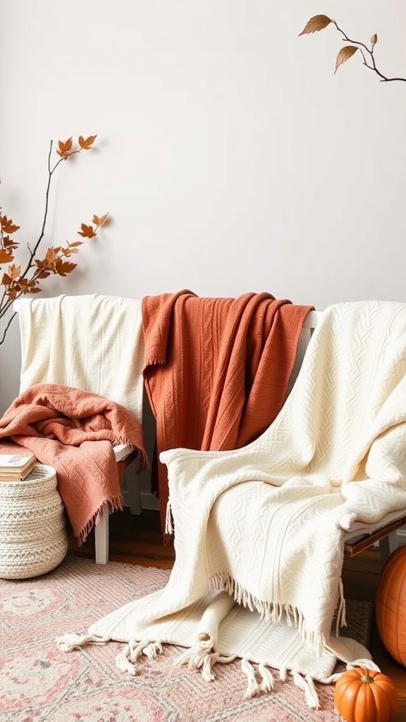 A cozy blanket station with warm-toned blankets draped over a chair, surrounded by autumn decor.