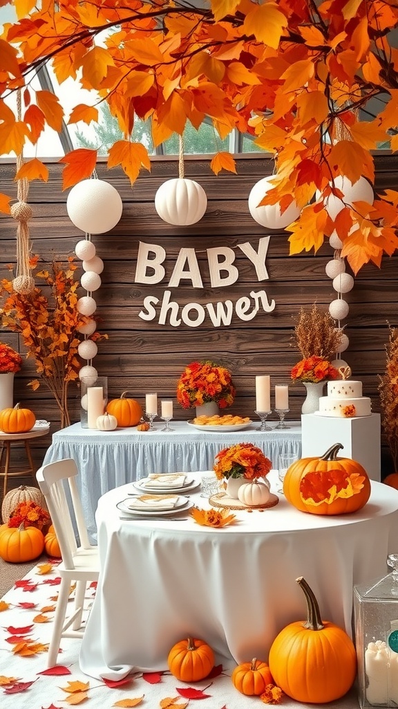 A beautifully decorated baby shower scene with autumn leaves, pumpkins, and warm lighting.