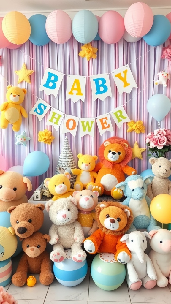 Colorful baby shower decorations with stuffed animals and balloons