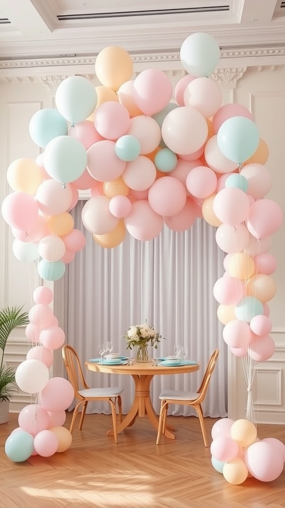 A whimsical balloon arch in pastel colors framing a table setting for a baby shower brunch.