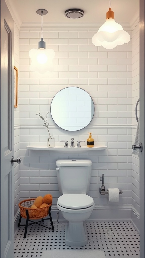 A small bathroom with playful cloud-shaped lighting fixtures, a round mirror, and a clean white tile design.