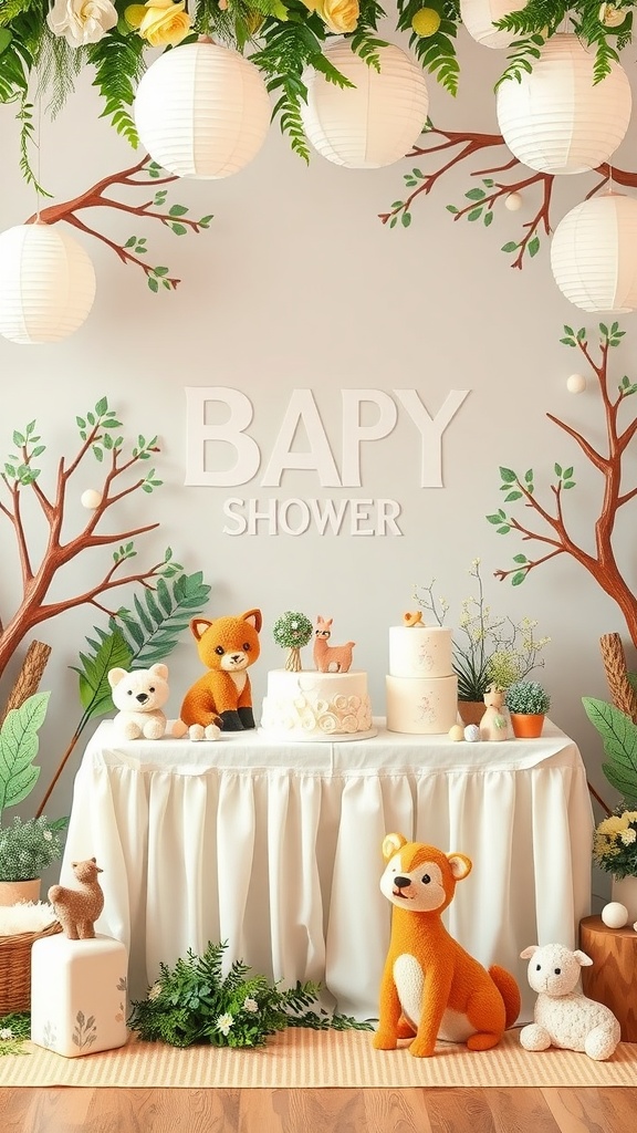 A whimsical woodland baby shower setup featuring plush animals, a decorated cake, and hanging lanterns.