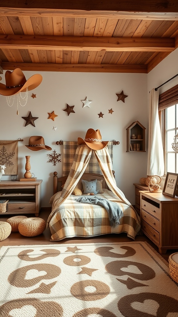 A cozy Wild West cowboy-themed toddler bedroom with a plaid bedspread, cowboy hats on the wall, and a warm wooden ceiling.
