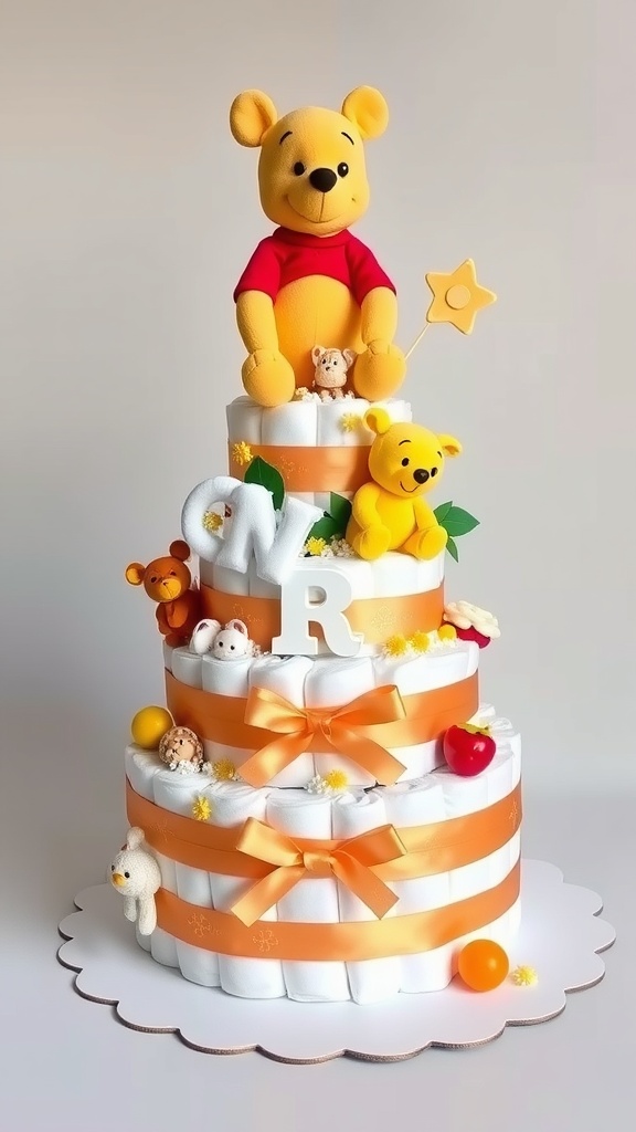 A colorful Winnie the Pooh diaper cake with plush toys and decorations.
