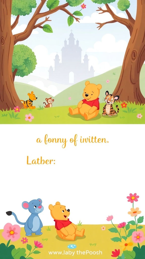 Winnie the Pooh themed invitation design featuring Pooh and friends in a colorful forest.