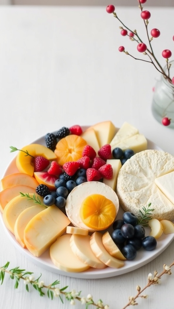 A beautifully arranged winter fruit and cheese platter featuring various cheeses, fruits like apples, berries, and nuts.