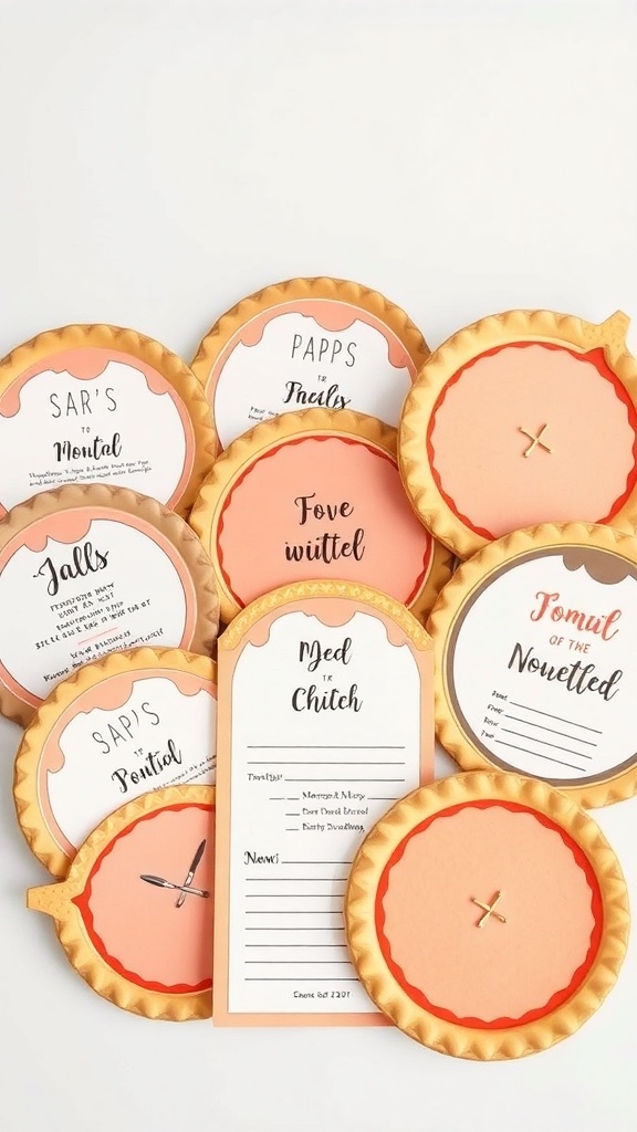 A collection of pie-shaped invitations for a baby shower theme.