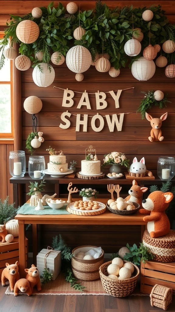 A beautifully decorated baby shower table featuring woodland creature themes with soft toys, greenery, and a cake.