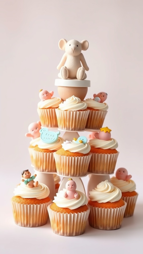A beautifully arranged cupcake tower with baby-themed decorations, featuring a soft toy mouse on top and colorful baby figurines on the cupcakes.
