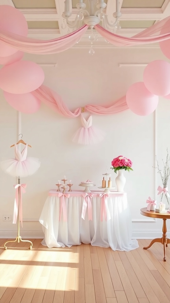 A beautifully decorated baby shower setup with ballet theme, featuring pink balloons, tulle, and a table with treats.